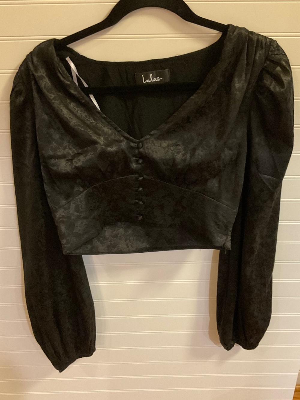 Lulus Black Floral Jacquard Sweetheart Puff Sleeve Crop Top Size: S Pre Owned